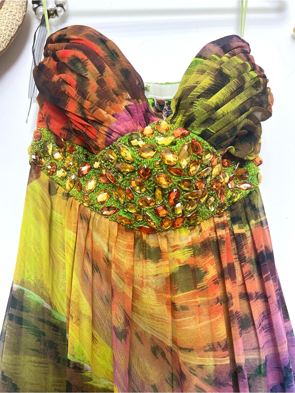 Empire waist Beaded Multicolor Tropical bling Maxi Dress 2 - Picture 2 of 12